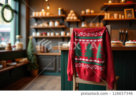 Cozy christmas sweater in festive bakery setting for seasonal decor ideas. AI generation 126657346