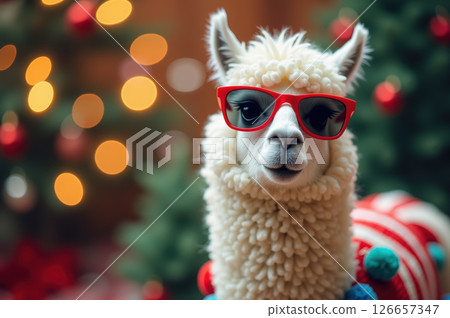 Festive llama with red sunglasses celebrating christmas cheer. AI generation Festive llama with red sunglasses celebrating christmas cheer. AI generation 126657347