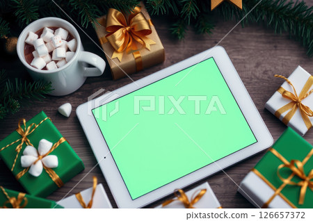 Christmas celebration with tablet for holiday design and gift inspiration. AI generation 126657372