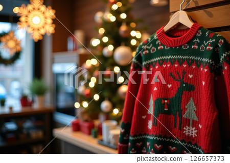 Festive holiday scene with christmas tree and sweater decor for cozy interior design. AI generation 126657373