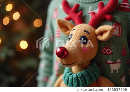 Festive reindeer plush with christmas sweater in holiday atmosphere. AI generation 126657396
