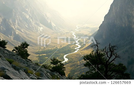 Magnificent Valley Vista: River's Serpentine Journey through Rugged Terrain Magnificent Valley Vista: River's Serpentine Journey through Rugged Terrain 126657669