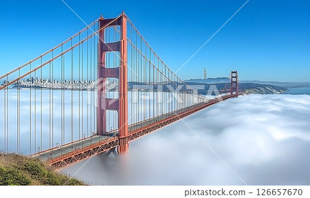 Golden Gate Bridge emerging from a sea of fog beneath a clear azure sky 126657670