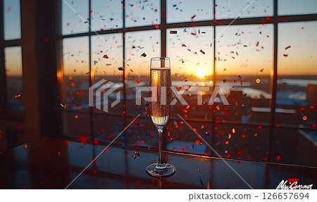 Sparkling champagne toast celebration, confetti shower with cityscape sunset view 126657694