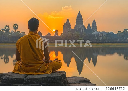 Serene Meditation: Monk at Angkor Wat Temple during a Tranquil Sunrise 126657712