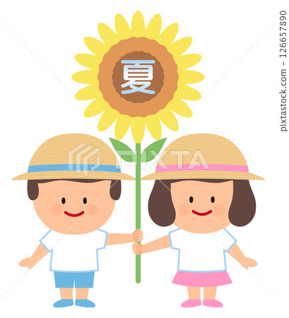 穿著夏裝的孩子拿著向日葵的插圖 穿著夏裝的孩子拿著向日葵的插圖 126657890