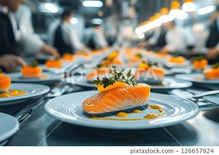 Exquisite culinary artistry, chef preparing salmon dish with artistic touch Exquisite culinary artistry, chef preparing salmon dish with artistic touch 126657924