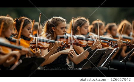 Harmonic convergence young women passionately playing violins in concert 126657942