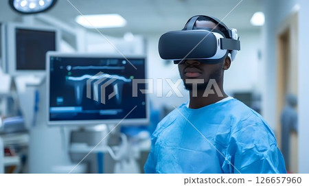 Surgeon using virtual reality headset for medical training simulation session 126657960