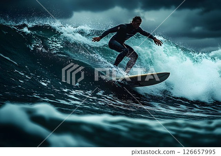 Surfer navigates a powerful wave under ominous skies, capturing the essence of watersport challenge 126657995