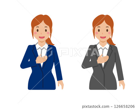 A young woman with a ponytail smiles and says, "Leave it to me." Upper body in a suit 126658206