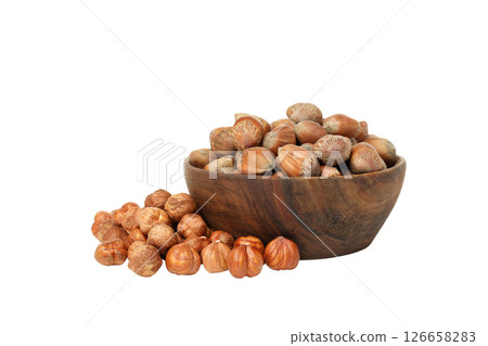 PNG, Whole peeled and unshelled hazelnuts in bowl, isolated on white background PNG, Whole peeled and unshelled hazelnuts in bowl, isolated on white background 126658283