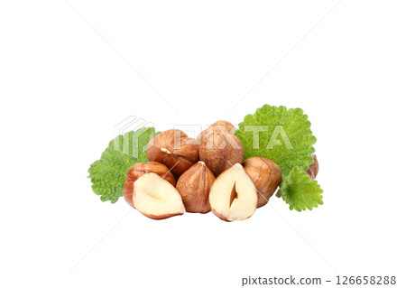 PNG, Peeled hazelnuts and leaves , isolated on white background PNG, Peeled hazelnuts and leaves , isolated on white background 126658288