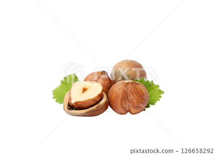 PNG, Peeled and unshelled hazelnuts and leaves, isolated on white background PNG, Peeled and unshelled hazelnuts and leaves, isolated on white background 126658292