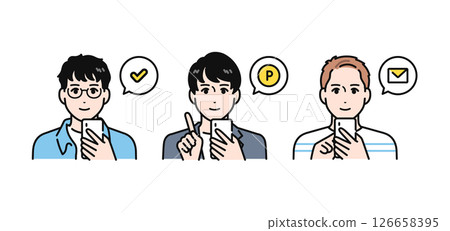 Simple vector illustration set of three casual young men operating smartphones 126658395
