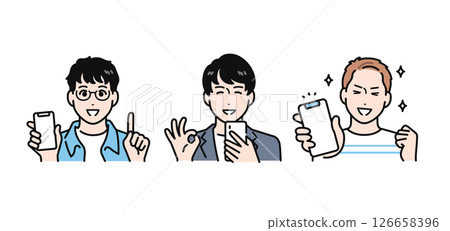 簡單的向量插圖,三個年輕人看著他們的智慧型手機看起來很開心 簡單的向量插圖,三個年輕人看著他們的智慧型手機看起來很開心 126658396