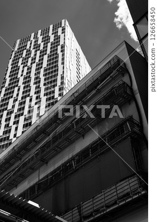 Changing Tokyo: JR Shibuya Station under construction, new station building, new south ticket gate, April 2025, monochrome Changing Tokyo: JR Shibuya Station under construction, new station building, new south ticket gate, April 2025, monochrome 126658450