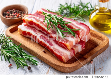 tempting bacon in the rustic corner on a white background, in a clean food photography style tempting bacon in the rustic corner on a white background, in a clean food photography style 126658535