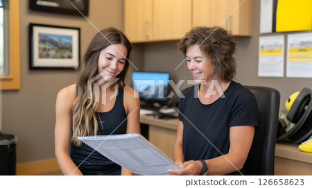 Professional business consultation between two women reviewing documents in modern office 126658623