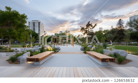 Sustainable community development with integrated fitness park and modern architecture 126658632