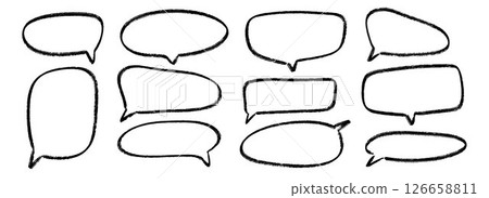 Hand drawn speech bubbles set. Doodled crayon dialog box collection. Sketched textured comic talk frames. Round, square or rectangle balloon text box bundle. Vector chalk pencil chat cloud pack 126658811