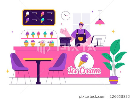 Ice Cream Store Vector Illustration featuring a Building for Selling Delicious Desserts and Various Flavors in a Flat Style Cartoon Background 126658823