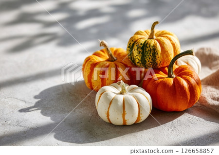 tempting pumpkin in the sunny corner on a cream background, in a clean food photography style 126658857