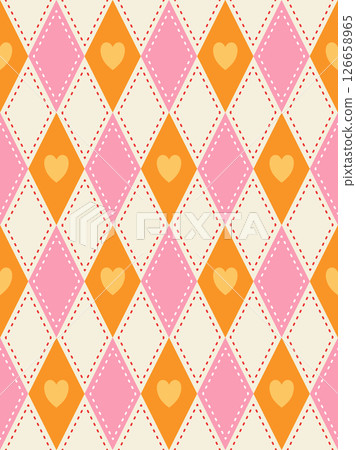 Colorful vintage Argyle geometric pattern of orange,pink,off-white diamonds,heart. playful and cute design for background,fabric patterns,gift wrapping paper,greeting card,Valentine's Day themes. 126658965