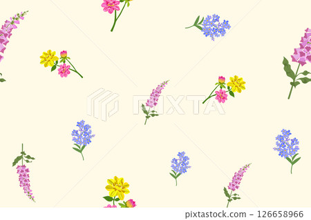 A seamless pattern of various colorful flowers on a light beige background. The close-up shot emphasizes the vibrant colors and playful vibe, suitable for textile, fashion, or spring-themed designs. 126658966