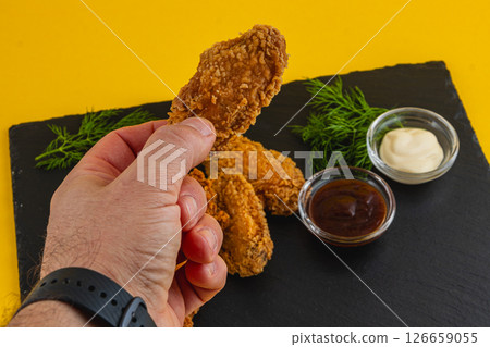 Delicious fried chicken served with sauces on a black platter Delicious fried chicken served with sauces on a black platter 126659055