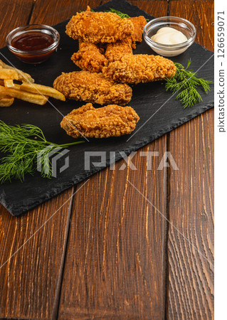 Crispy fried chicken wings served on a black slate platter 126659071