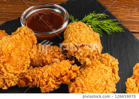 Fried chicken served with dipping sauce and herbs 126659078