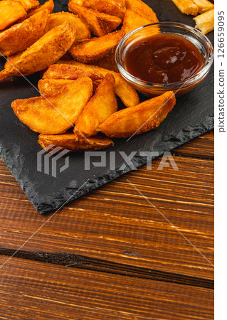 Crispy potato wedges served with dipping sauce on wooden table 126659095