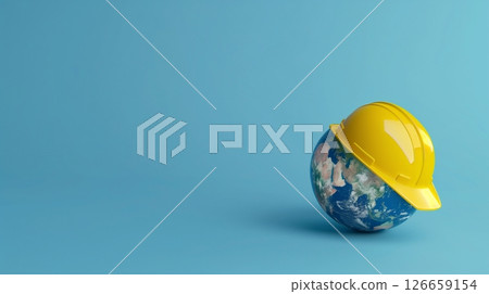 Globe world wearing yellow safety helmet worker labor engineering and industrial concept copy space 126659154