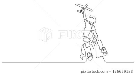 son sitting on father shoulders playing toy plane one line son sitting on father shoulders playing toy plane one line 126659188