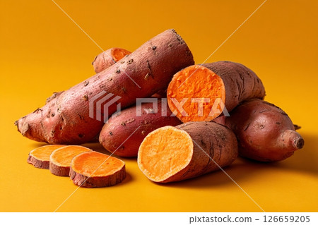 tempting yam in the cozy corner on a cream background, in a clean food photography style tempting yam in the cozy corner on a cream background, in a clean food photography style 126659205