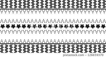Repeating geometric and floral black and white pattern. Geometric tribal border flowers,diamonds,arrow-like shapes. Suitable for textile prints, backgrounds,wallpaper,graphic design. 126659370