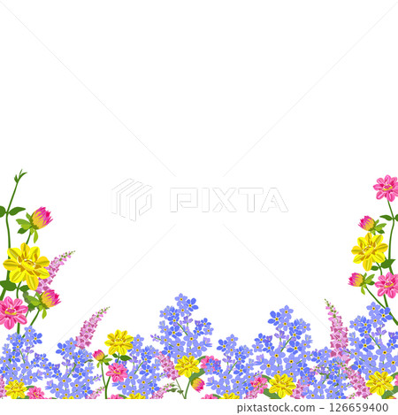 Botanical border of various colorful flowers along the bottom edge on a light blue background with ample copy space. cheerful vibe,Ideal for greeting cards,invitations,spring-themed designs. 126659400
