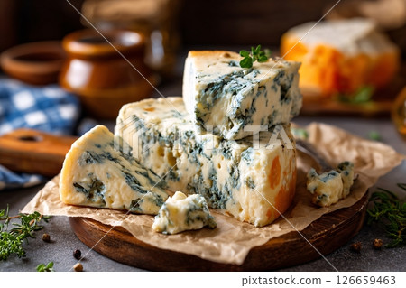 tempting stilton blue cheese in the cozy corner on a cream background tempting stilton blue cheese in the cozy corner on a cream background 126659463