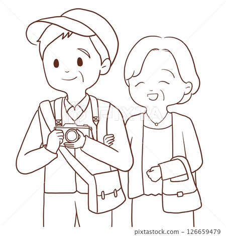 老年夫婦旅行(上身線條畫) 老年夫婦旅行(上身線條畫) 126659479