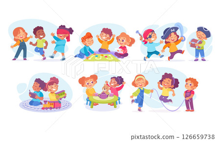 Joyful and spirited children joyfully engaging in various fun activities together as friends 126659738