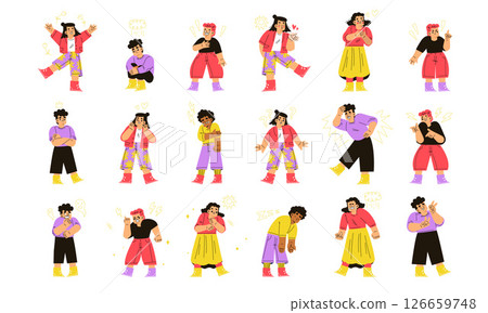 A Variety of Diverse Animated Characters Brilliantly Expressing Different Emotions and Actions A Variety of Diverse Animated Characters Brilliantly Expressing Different Emotions and Actions 126659748