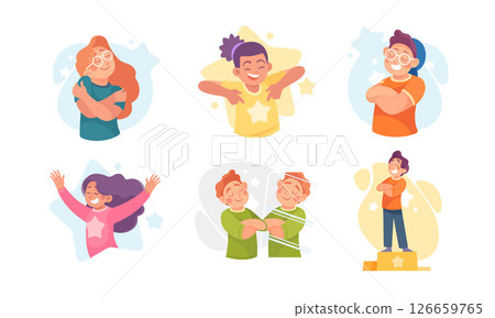 Diverse Characters with Vibrant Personalities Expressing Various Emotions with Stars and Awards Diverse Characters with Vibrant Personalities Expressing Various Emotions with Stars and Awards 126659765