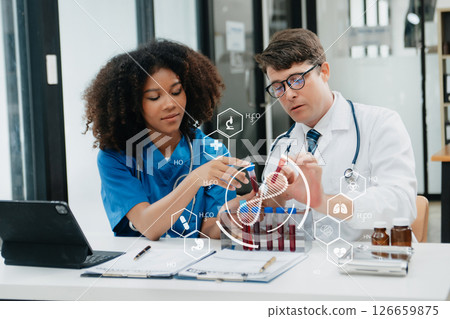 Medical Research Laboratory: Portrait of Two African American Scientists Working, Using Digital Tablet, Analyzing Samples, Talking. for Medicine, Biotechnology with VR icon 126659875