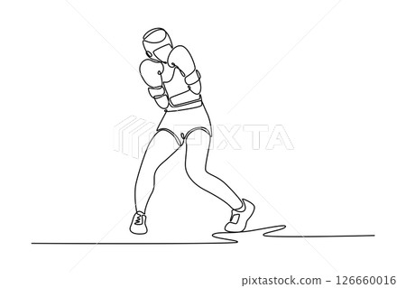 Continuous one line drawing female boxer practicing dodging punch during training session at gym. Boxing workout session for national match event. Single line draw design vector graphic illustration Continuous one line drawing female boxer practicing dodging punch during training session at gym. Boxing workout session for national match event. Single line draw design vector graphic illustration 126660016
