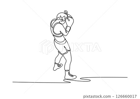 Continuous one line drawing back view woman boxer demonstrating defense pose on boxing ring. Attractive female fighter practicing for boxing match. Single line draw design vector graphic illustration Continuous one line drawing back view woman boxer demonstrating defense pose on boxing ring. Attractive female fighter practicing for boxing match. Single line draw design vector graphic illustration 126660017