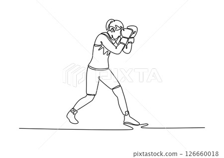 Continuous one line drawing beauty woman boxer covering face for defending her self during fight on boxing ring. Female fighter practicing at gym. Single line draw design vector graphic illustration Continuous one line drawing beauty woman boxer covering face for defending her self during fight on boxing ring. Female fighter practicing at gym. Single line draw design vector graphic illustration 126660018