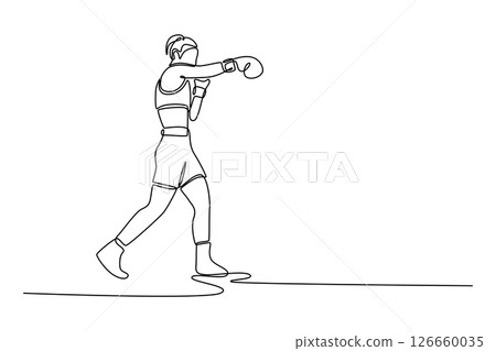 Single one line drawing aggressive female boxer performs jab punch exercise with her hands covered boxing gloves. Health, sport, motion. Modern continuous line draw design graphic vector illustration 126660035