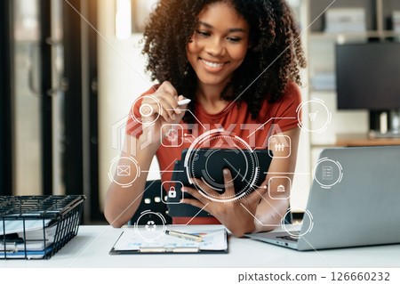 Digital marketing, Business using Digital tablet finance and sale data growth on interface icons, Banking, Finance, Business Strategy in office 126660232