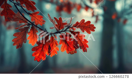 Red Oak Leaves Glistening with Dew in a Misty Forest 126660278